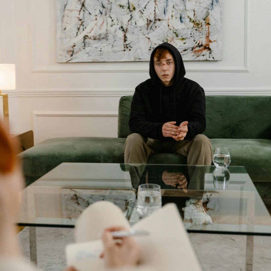 A man in a black hoodie sits on a couch, attending a therapy session indoors.